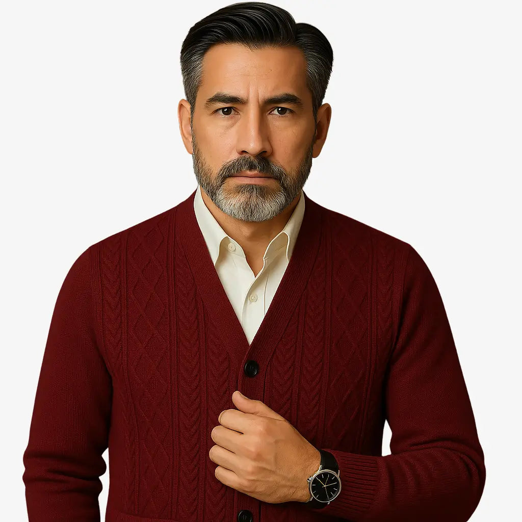 Cardigan masculino azul com gola V e botões. Estilo clássico com textura elegante, ideal para dias frios com sofisticação.