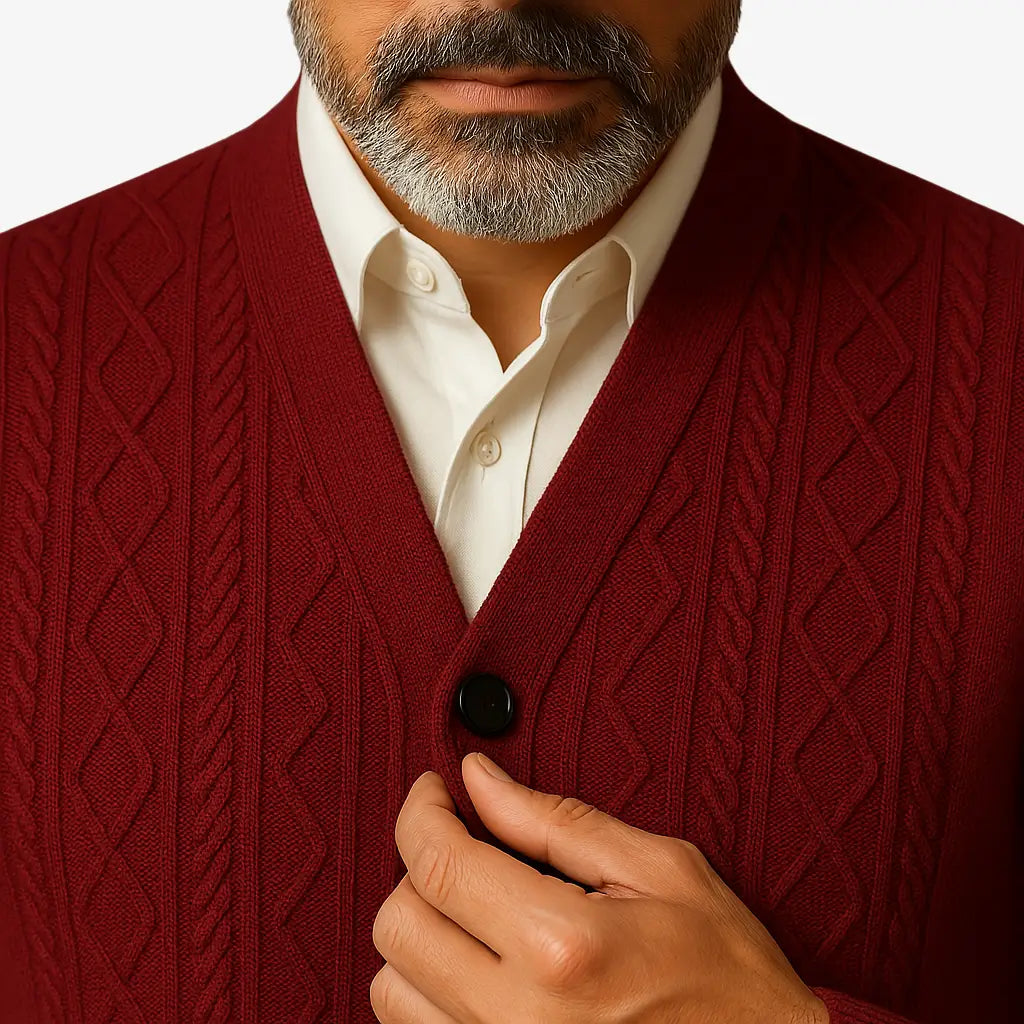 Cardigan masculino azul com gola V e botões. Estilo clássico com textura elegante, ideal para dias frios com sofisticação.