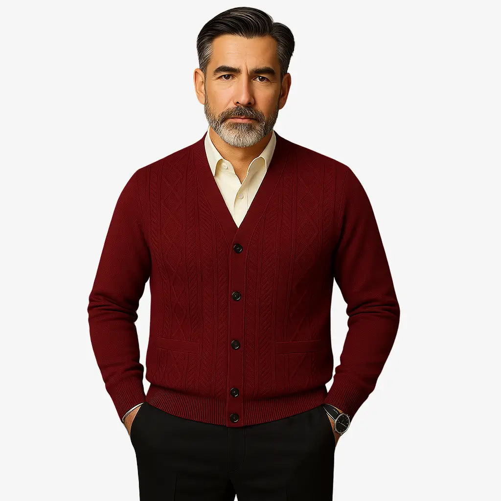 Cardigan masculino azul com gola V e botões. Estilo clássico com textura elegante, ideal para dias frios com sofisticação.