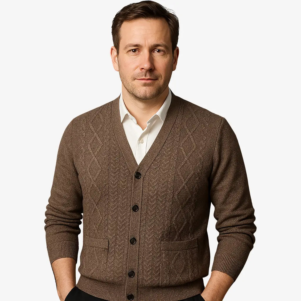 Cardigan masculino em lã com padrão texturizado e gola V. Sofisticação e conforto ideais para dias frios com estilo elegante.