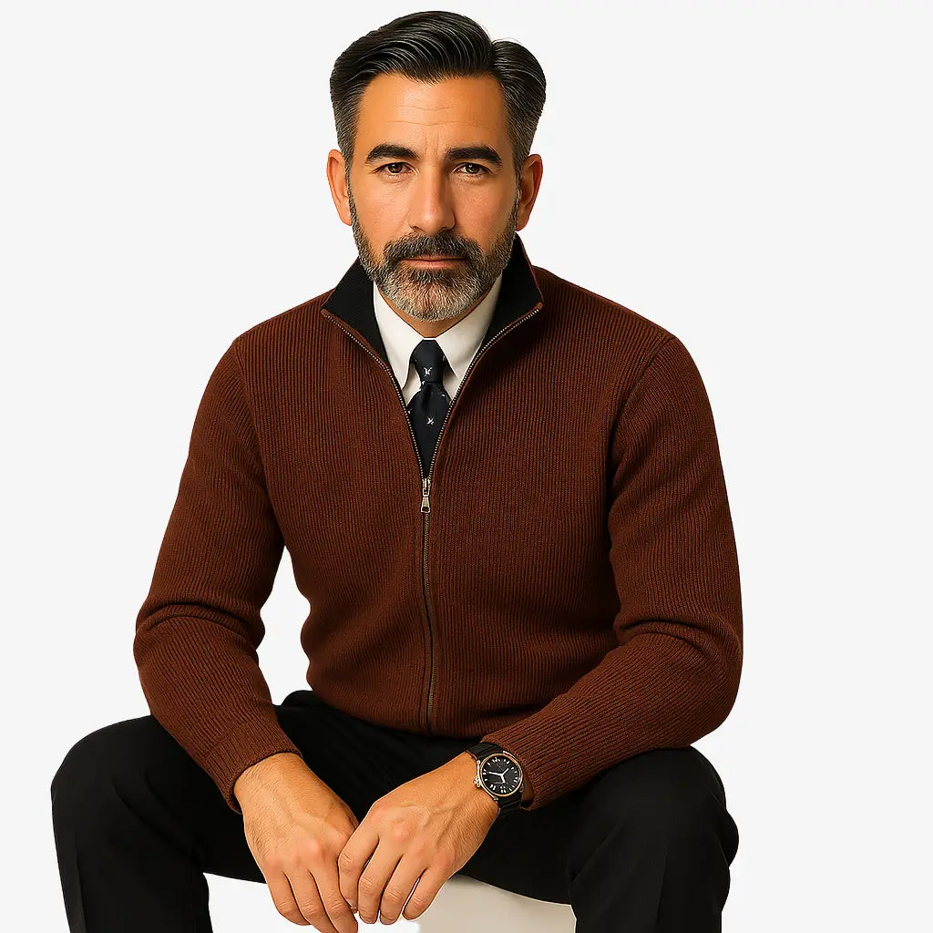 Homem elegante vestindo suéter social marrom com zíper e camisa branca com gravata, estilo sofisticado para ocasiões formais.