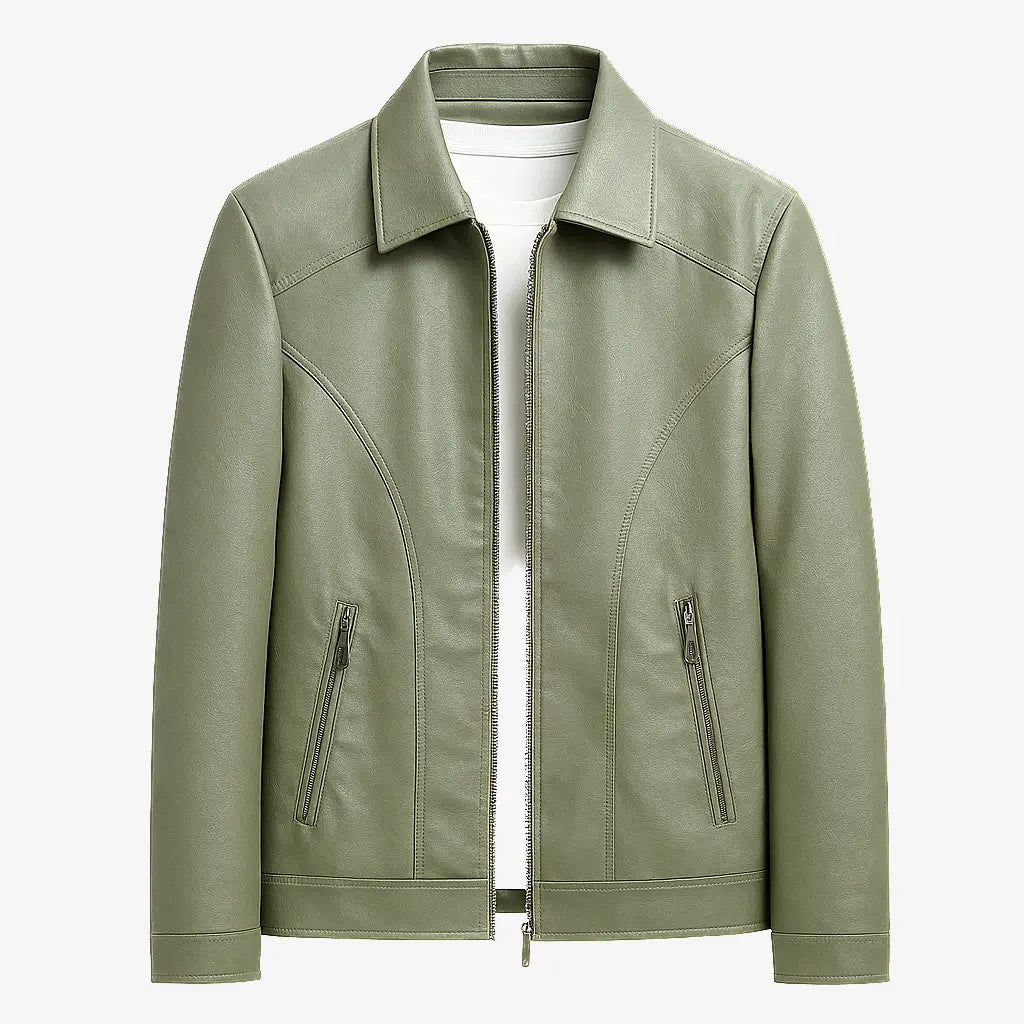 jaqueta verde masculina em couro com bolsos e zíper