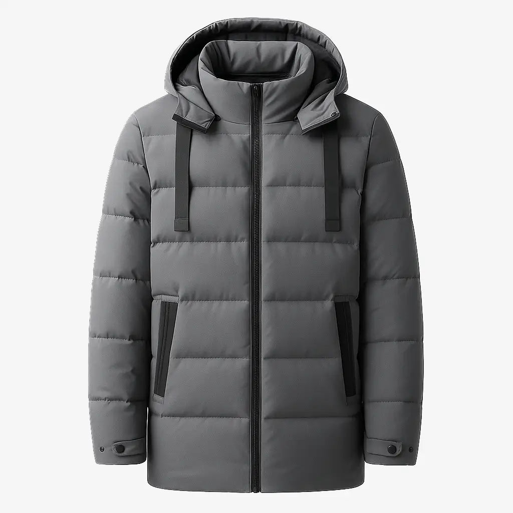 Homem vestindo jaqueta puffer masculina longa preta com capuz e bolsos verticais