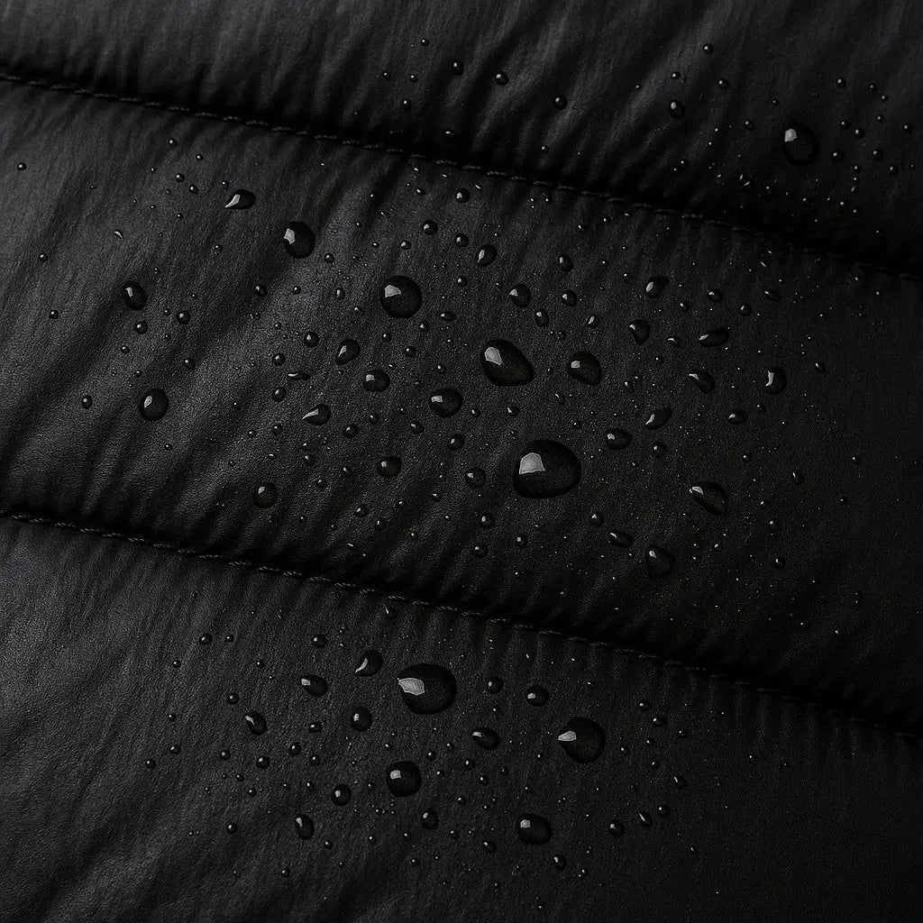 Homem vestindo jaqueta puffer masculina preta com capuz, impermeável e com zíper frontal, ideal para o inverno.