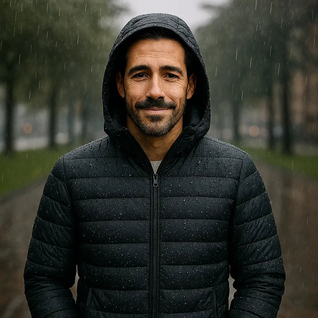 Homem vestindo jaqueta puffer masculina preta com capuz, impermeável e com zíper frontal, ideal para o inverno.