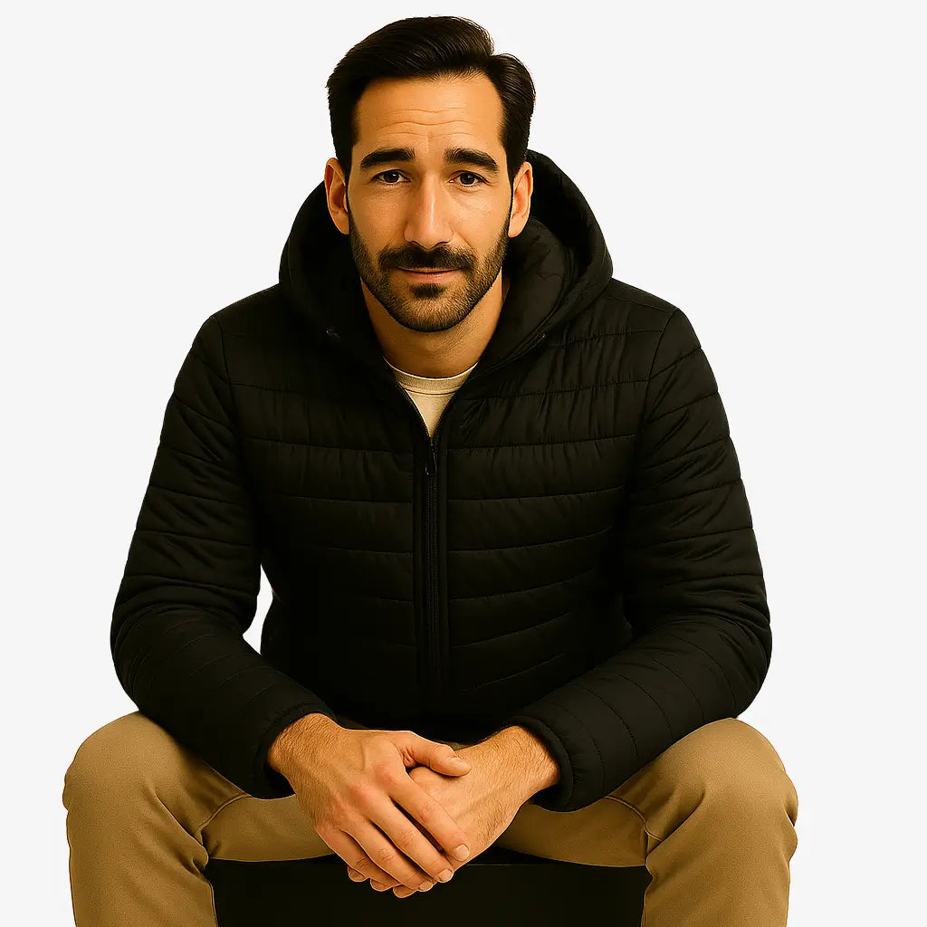 Homem vestindo jaqueta puffer masculina preta com capuz, impermeável e com zíper frontal, ideal para o inverno.