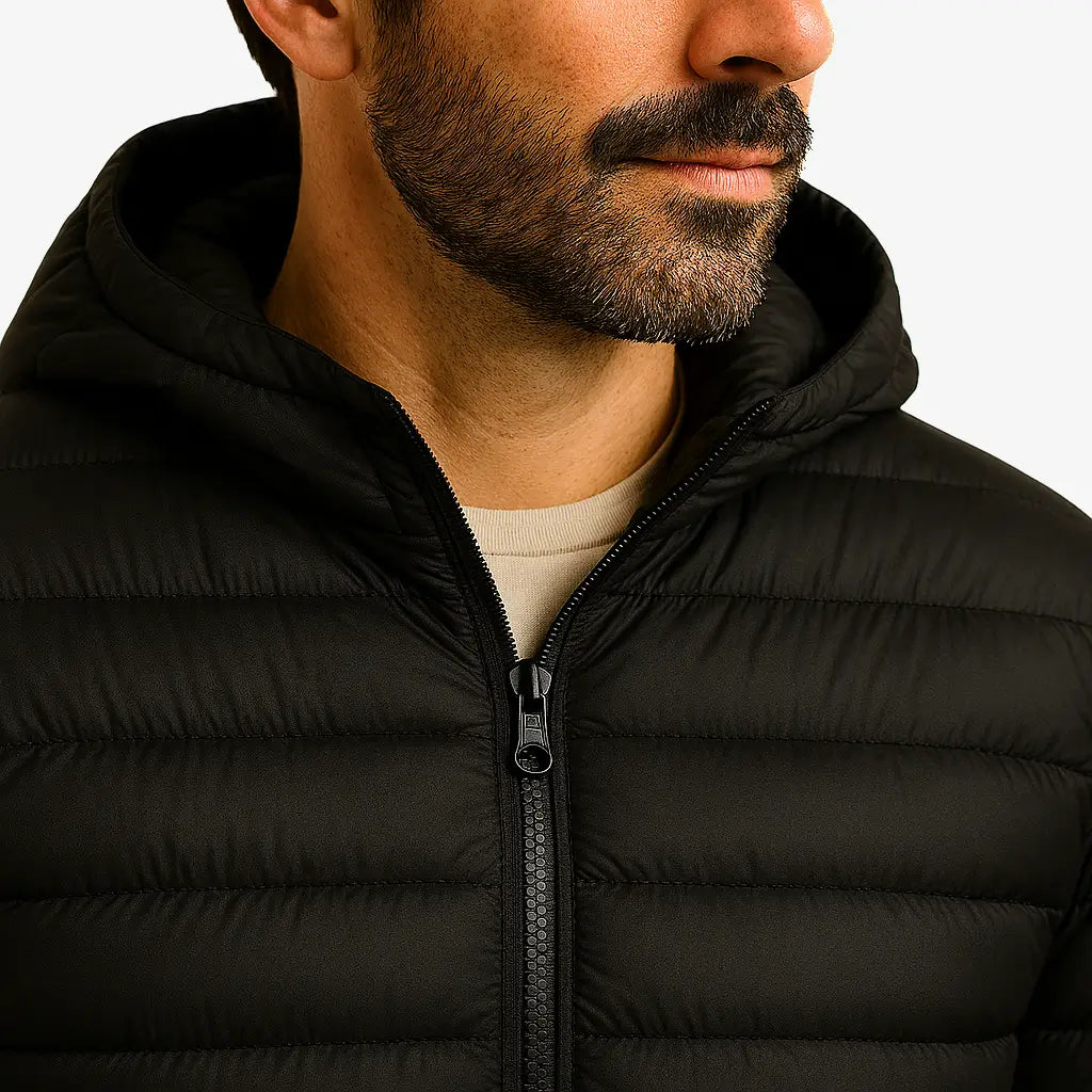 Homem vestindo jaqueta puffer masculina preta com capuz, impermeável e com zíper frontal, ideal para o inverno.