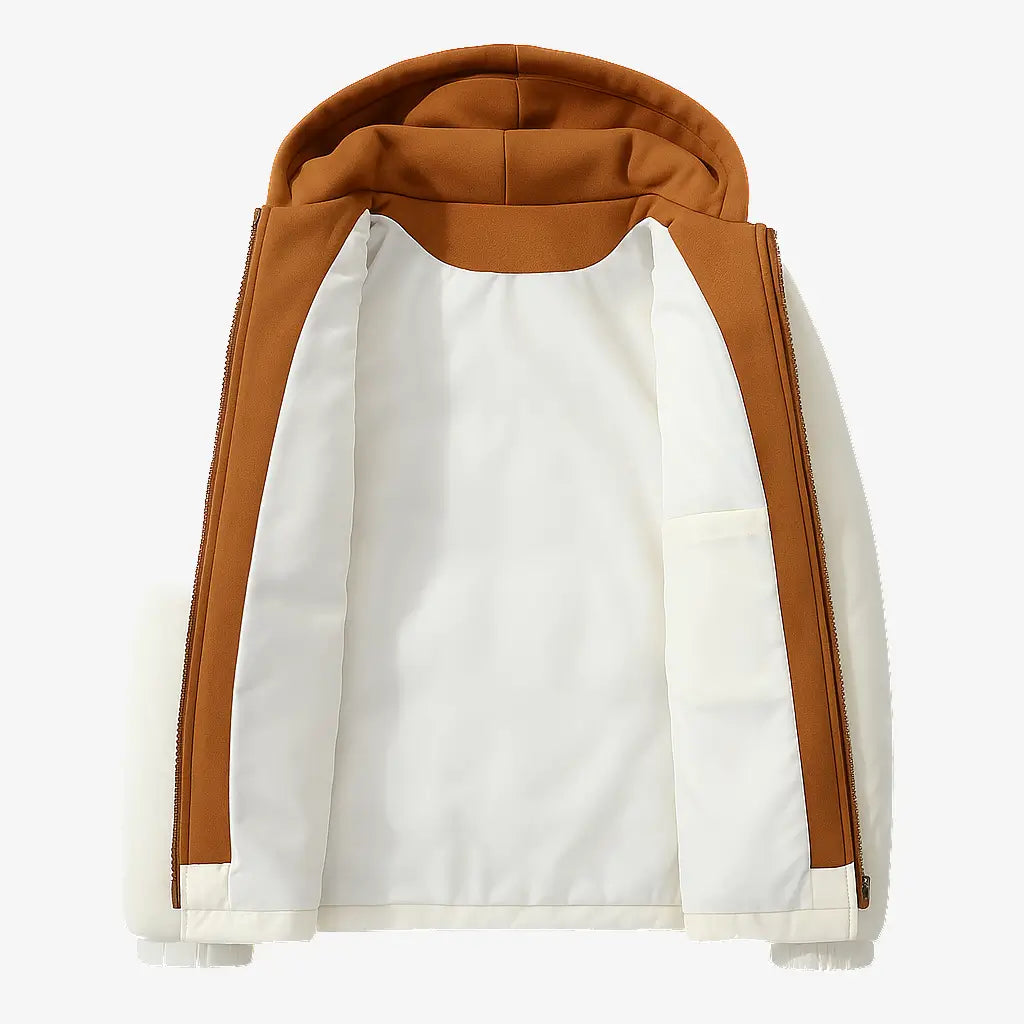 Homem vestindo jaqueta puffer masculina preta com capuz e forro interno marrom