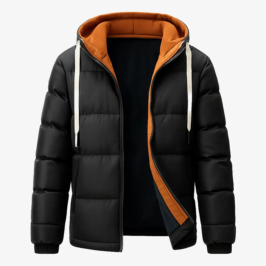 Homem vestindo jaqueta puffer masculina preta com capuz e forro interno marrom