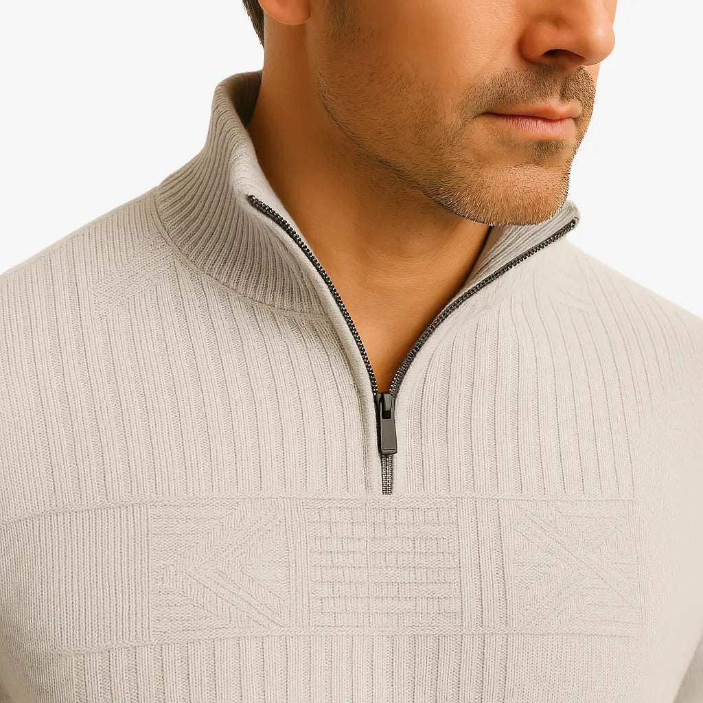 Homem elegante vestindo suéter cinza com zíper e textura geométrica. Estilo casual sofisticado para o outono e inverno.