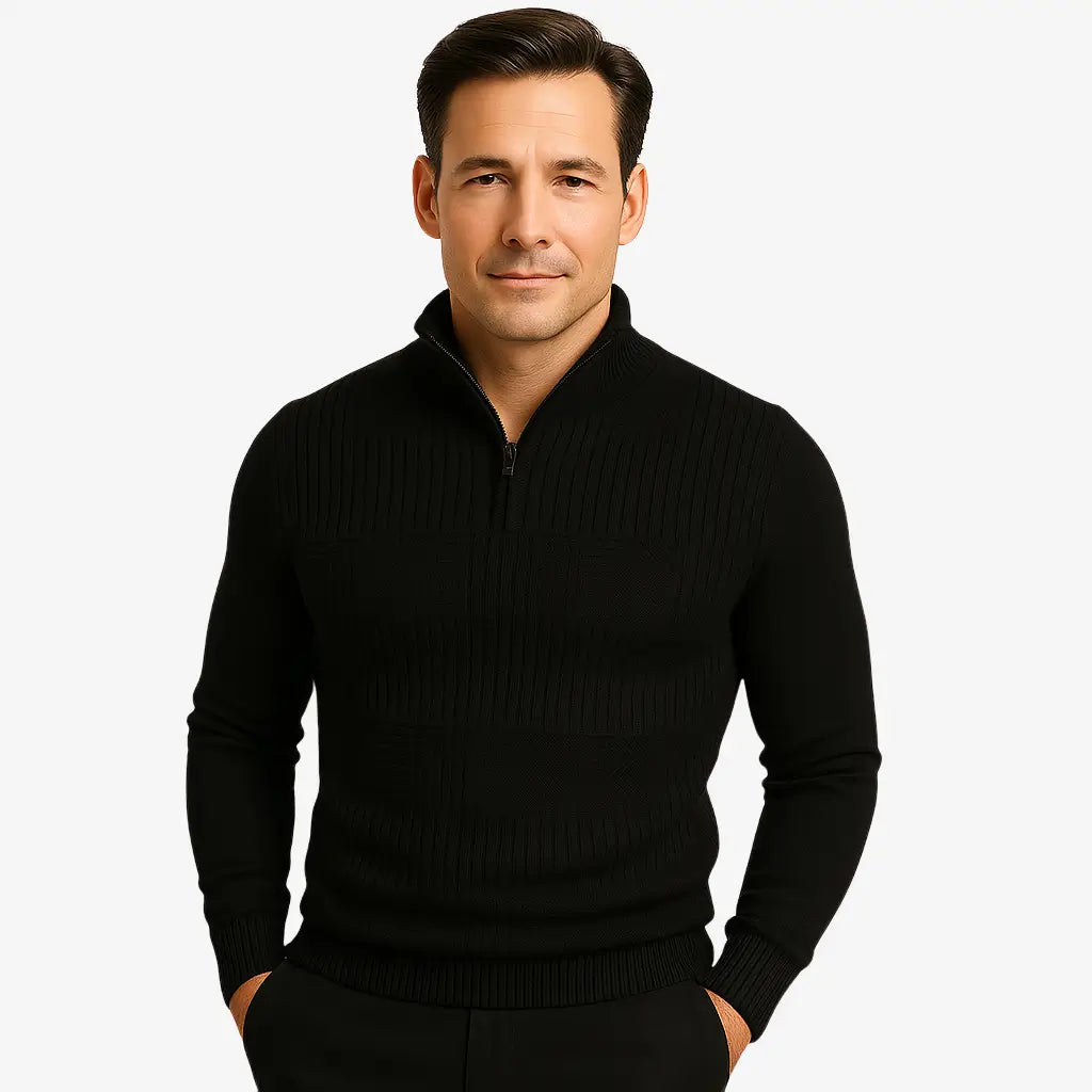 Homem elegante vestindo suéter preto com zíper e textura geométrica. Estilo casual sofisticado para o outono e inverno.