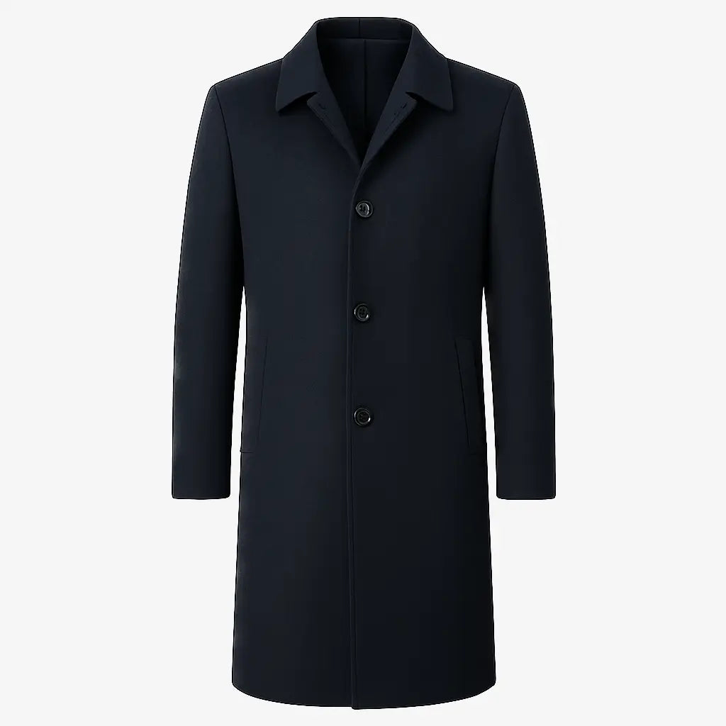 Homem vestindo sobretudo azul marinho masculino longo em cashmere com gola clássica