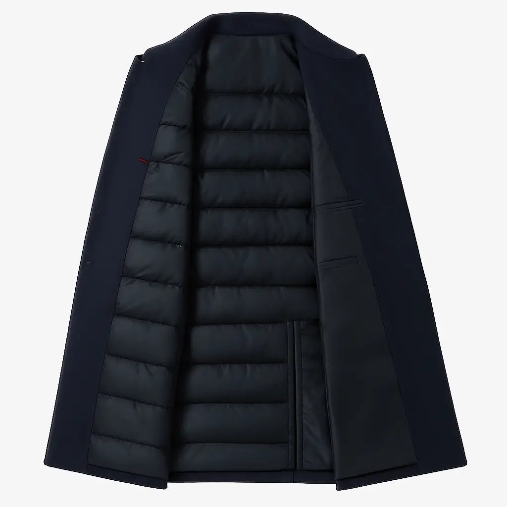 Homem vestindo sobretudo azul marinho masculino longo em cashmere com gola clássica