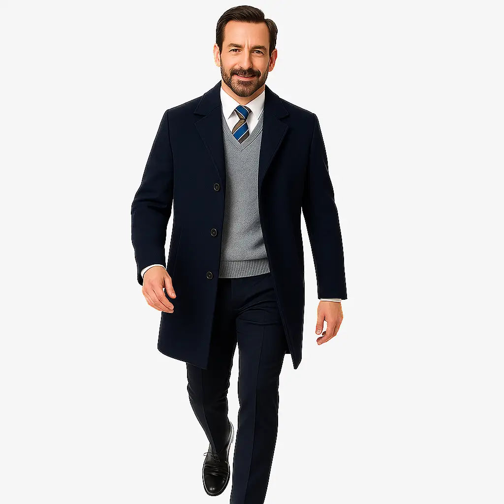 Homem vestindo sobretudo azul marinho masculino longo em cashmere com gola clássica