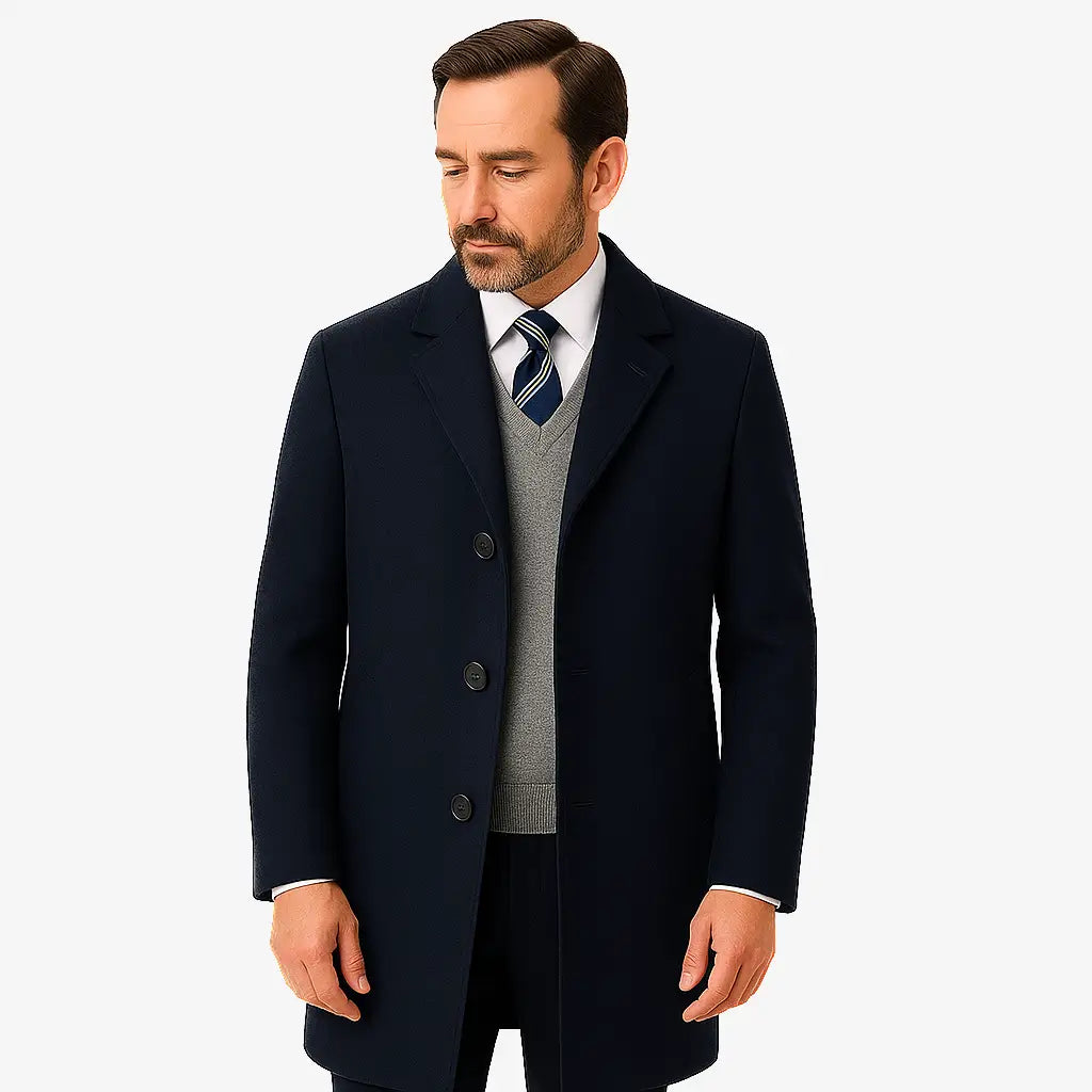 Homem vestindo sobretudo azul marinho masculino longo em cashmere com gola clássica