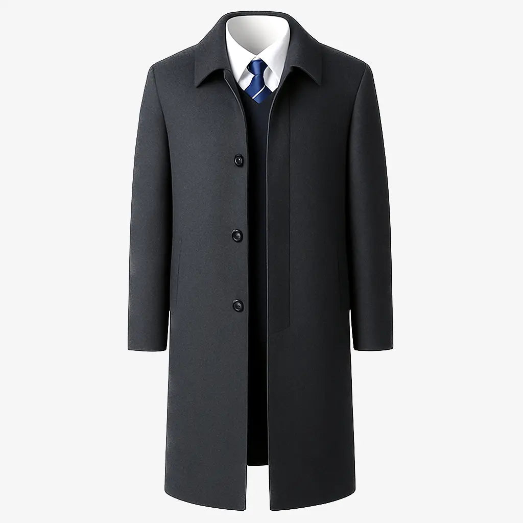 Homem vestindo sobretudo azul marinho masculino longo em cashmere com gola clássica