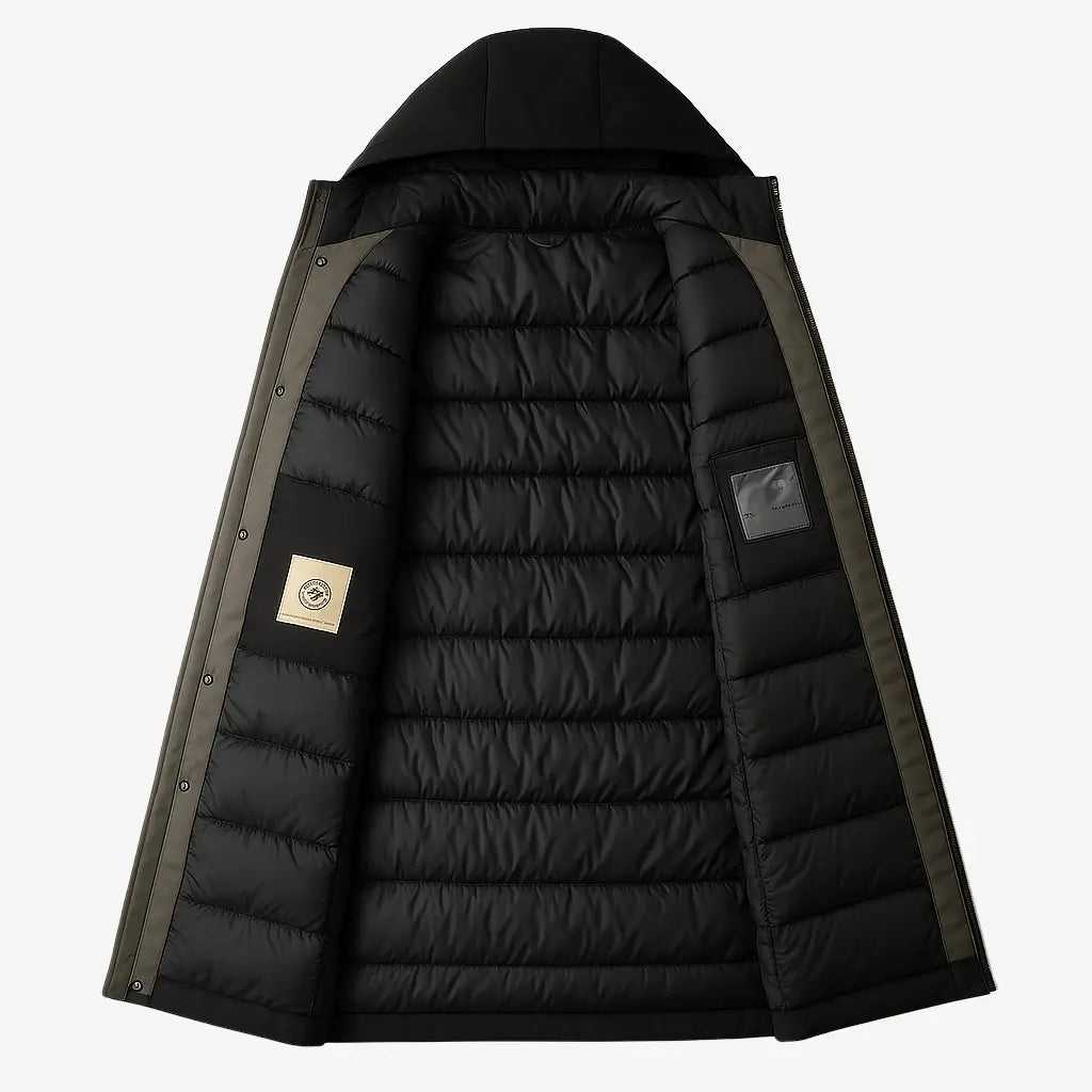 sobretudo masculino longo com capuz, bolsos frontais e gola alta