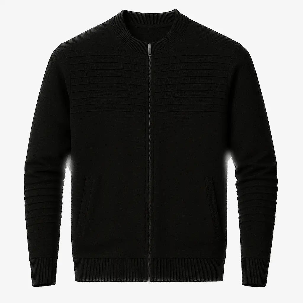 suéter masculino preto com zíper e detalhe em relevo no peito, gola careca canelada e bolso lateral, ideal para outono/inverno.