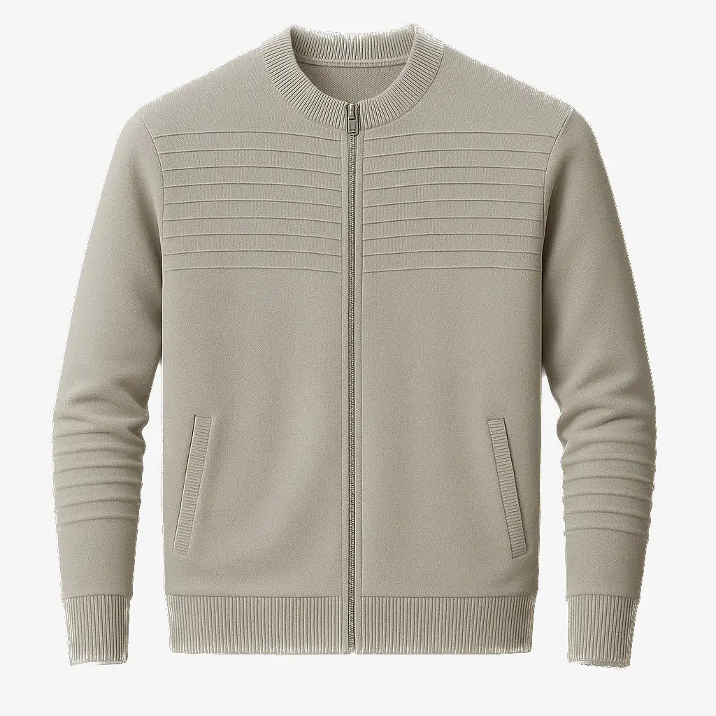 suéter masculino cinza com zíper e detalhe em relevo no peito, gola careca canelada e bolso lateral, ideal para outono/inverno.