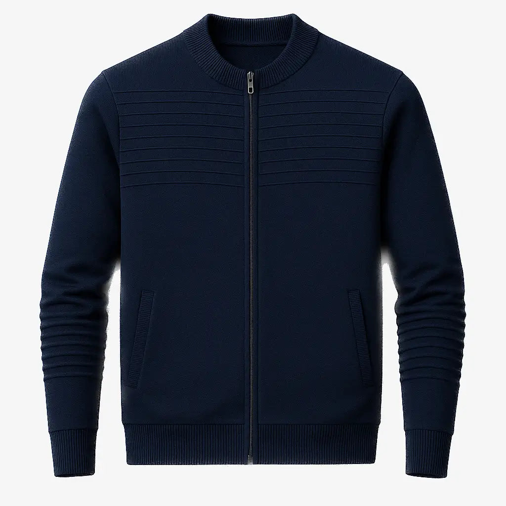 suéter masculino azul marinho com zíper e detalhe em relevo no peito, gola careca canelada e bolso lateral, ideal para outono/inverno.