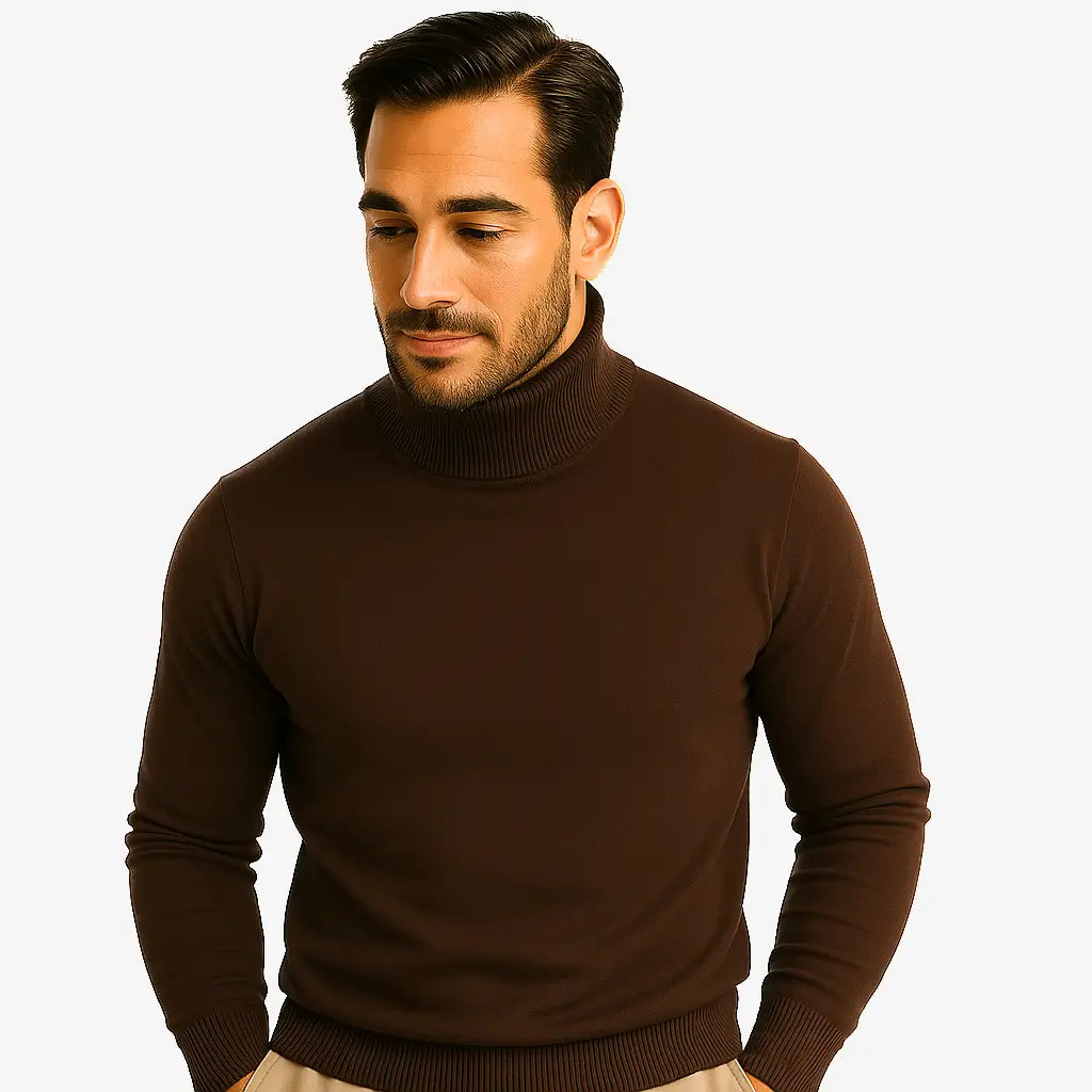 Homem vestindo suéter masculino marrom com gola alta canelada, ideal para o inverno e looks sofisticados