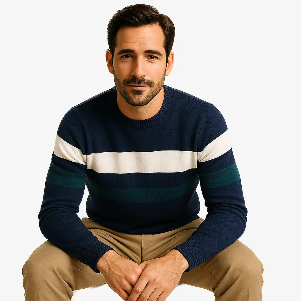 Homem vestindo suéter masculino listrado azul marinho, branco e verde, com gola redonda e manga comprida. Look casual para o inverno.
