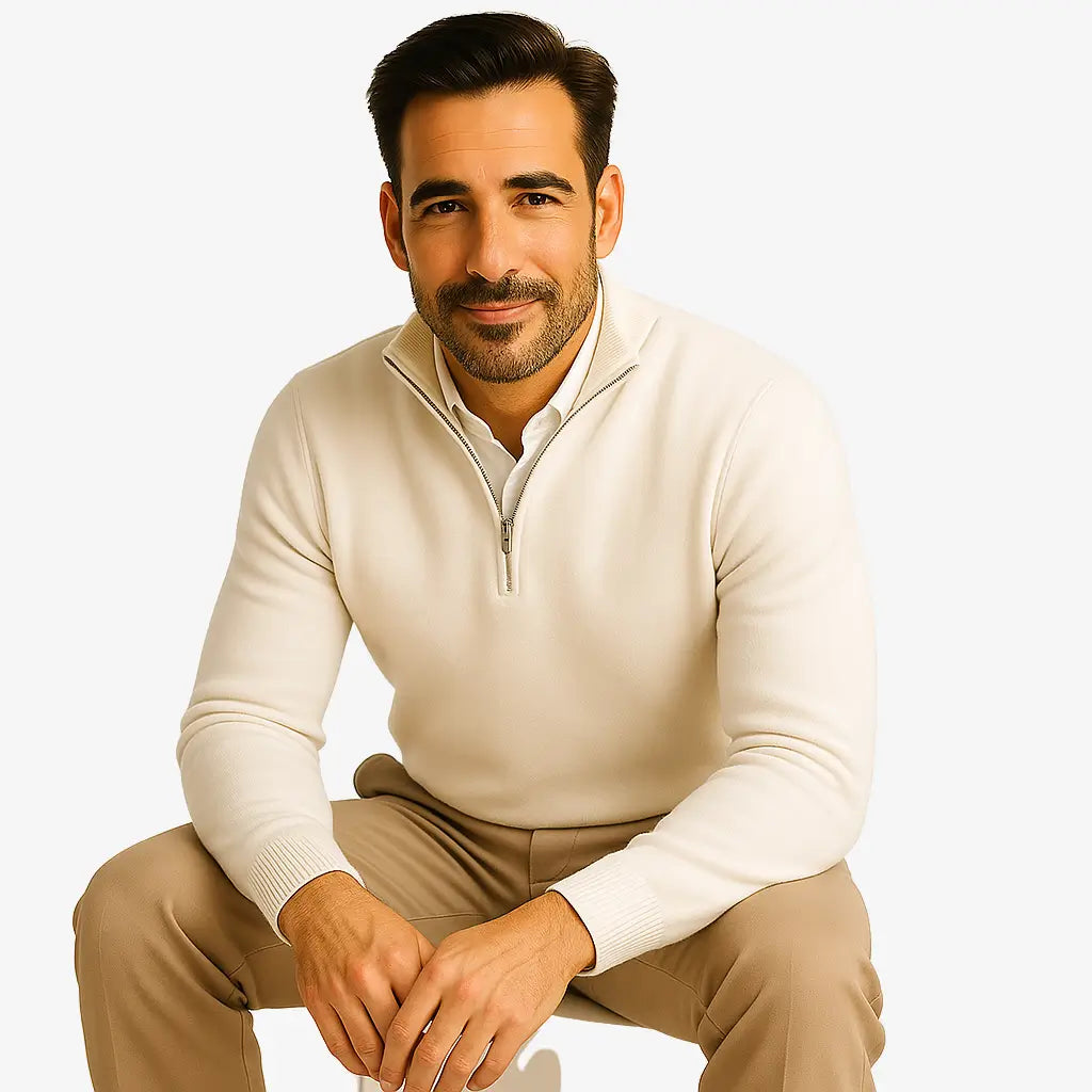 Homem vestindo suéter masculino branco com zíper e camisa branca, calça chino bege — look casual elegante
