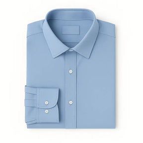 Camisa masculina Oxford azul militar manga longa, com gola colarinho, bolso no peito e botões frontais brancos, estilo casual e elegante.