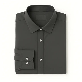 Camisa masculina Oxford cinza escuro manga longa, com gola colarinho, bolso no peito e botões frontais brancos, estilo casual e elegante.