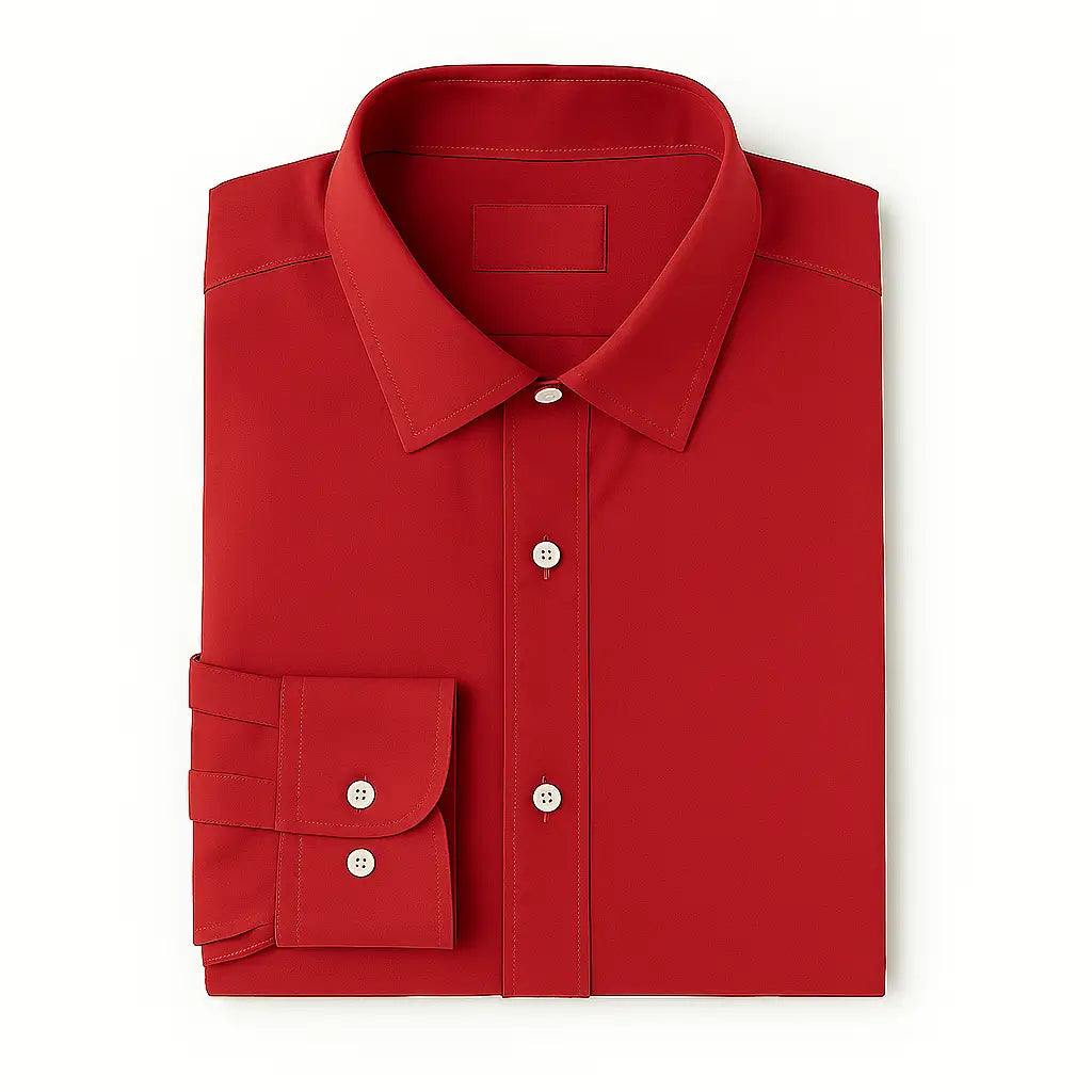 Camisa masculina Oxford vermelha manga longa, com gola colarinho, bolso no peito e botões frontais brancos, estilo casual e elegante.