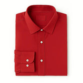 Camisa masculina Oxford vermelha manga longa, com gola colarinho, bolso no peito e botões frontais brancos, estilo casual e elegante.