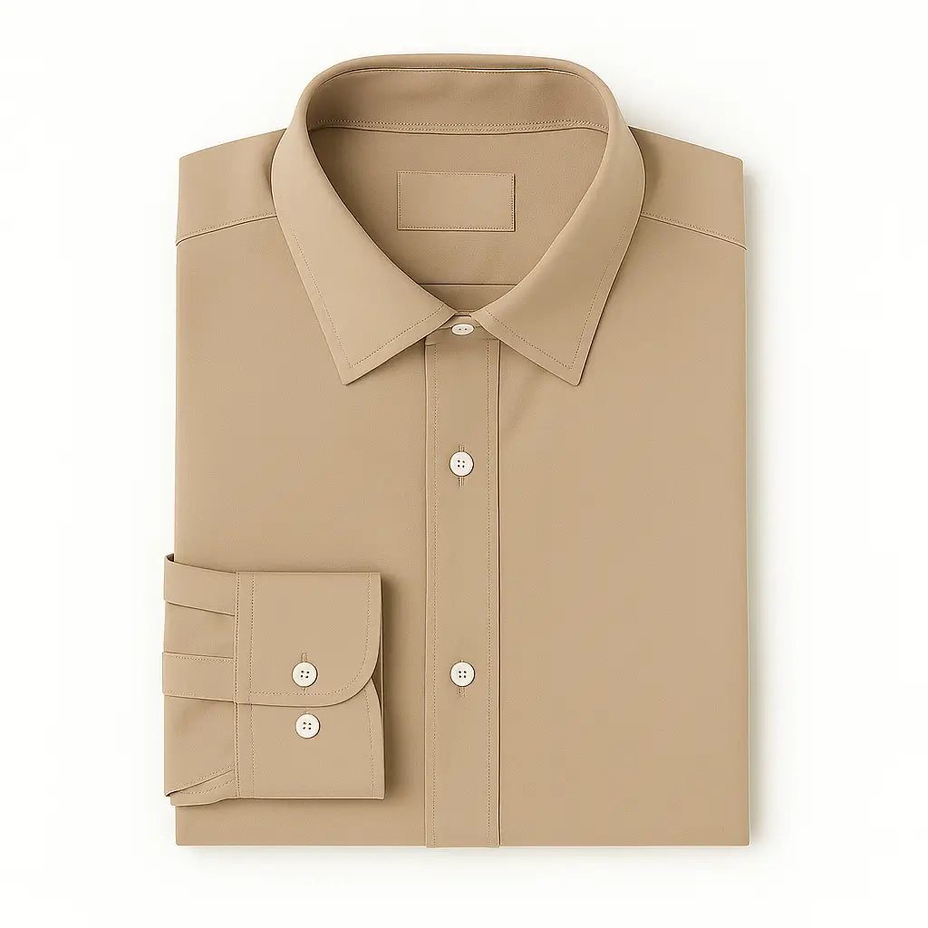 Camisa masculina Oxford terra  manga longa, com gola colarinho, bolso no peito e botões frontais brancos, estilo casual e elegante.