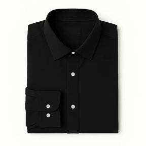 Camisa masculina Oxford preta  manga longa, com gola colarinho, bolso no peito e botões frontais brancos, estilo casual e elegante.