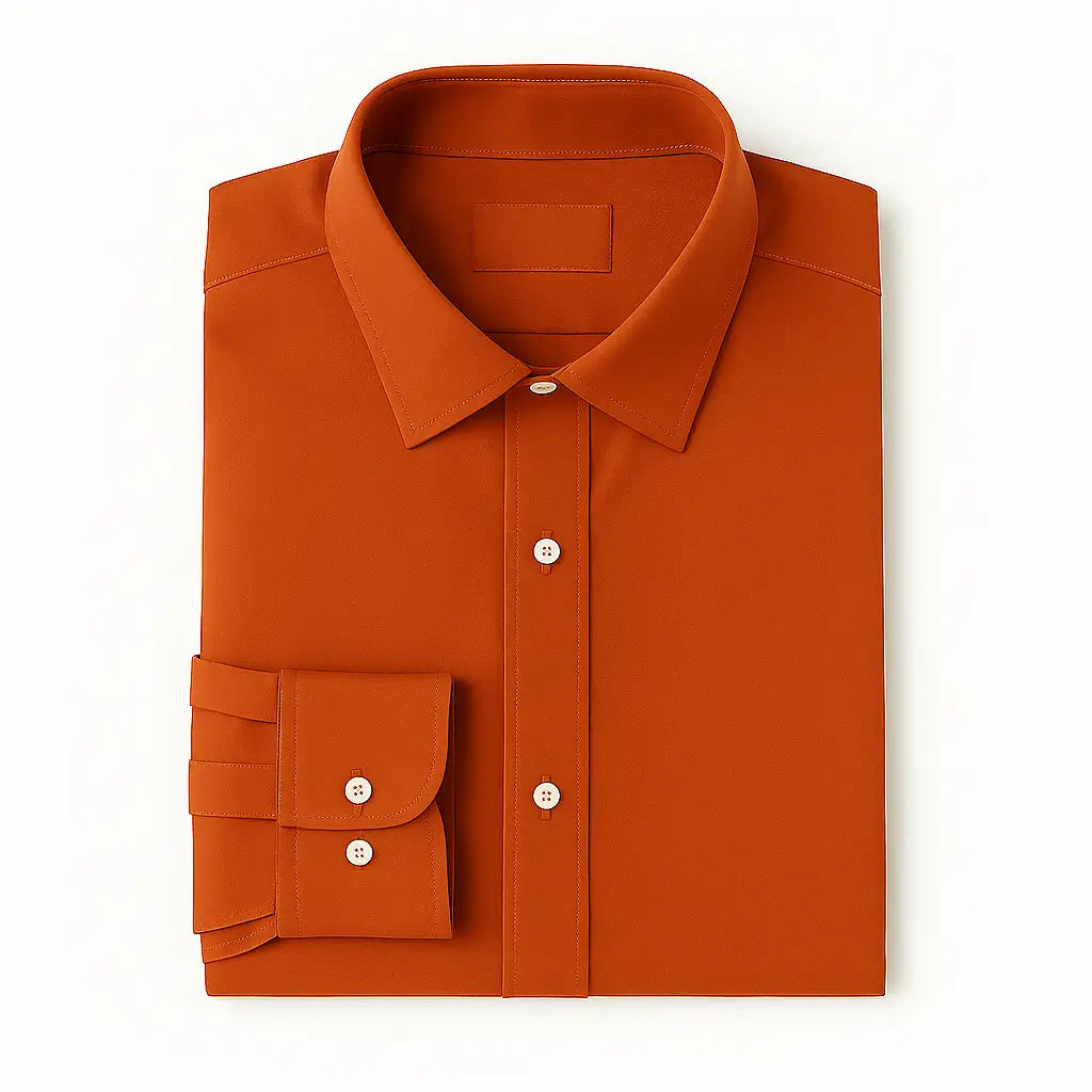 Camisa masculina Oxford laranja manga longa, com gola colarinho, bolso no peito e botões frontais brancos, estilo casual e elegante.