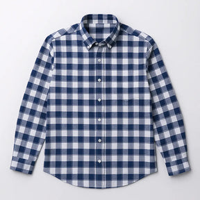 Camisa masculina Oxford xadrez, manga longa, confeccionada em algodão com acabamento elegante.