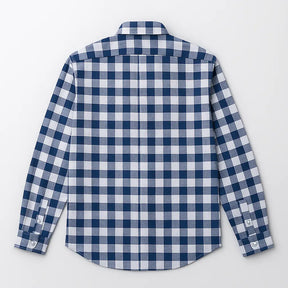 Camisa masculina Oxford xadrez, manga longa, confeccionada em algodão com acabamento elegante.