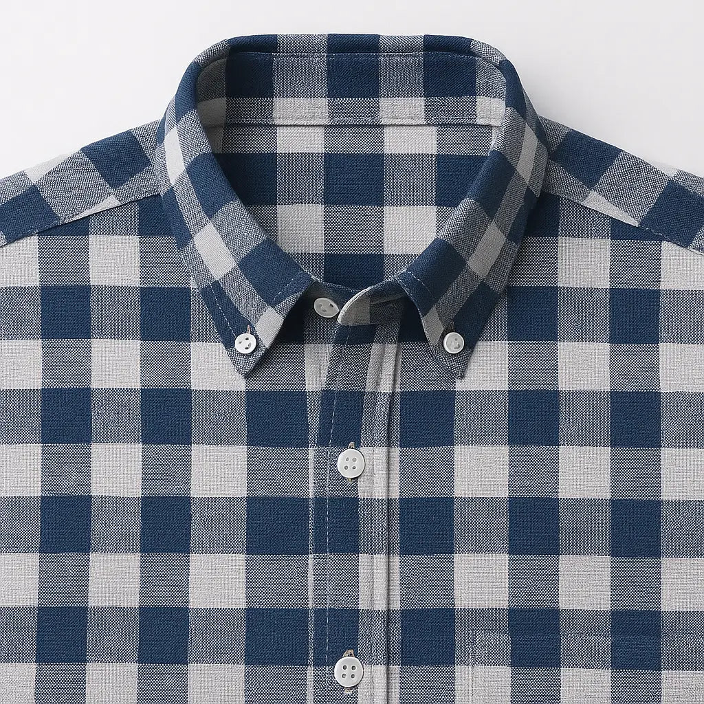 Camisa masculina Oxford xadrez, manga longa, confeccionada em algodão com acabamento elegante.