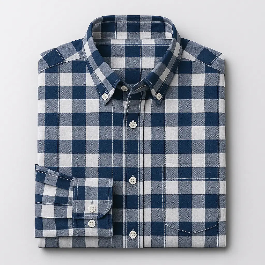 Camisa masculina Oxford xadrez, manga longa, confeccionada em algodão com acabamento elegante.