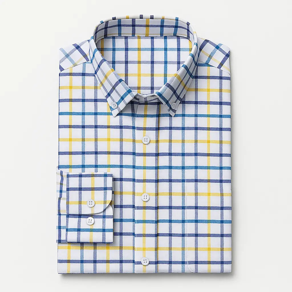 Camisa masculina Oxford xadrez, manga longa, confeccionada em algodão com acabamento elegante.