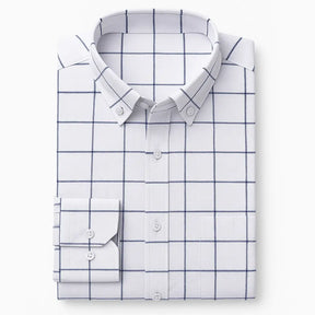 Camisa masculina Oxford xadrez, manga longa, confeccionada em algodão com acabamento elegante.
