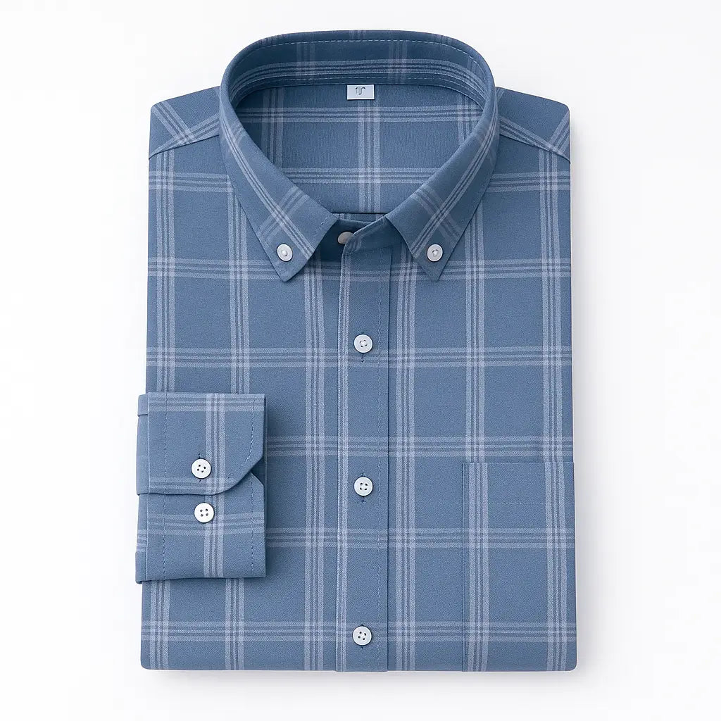 Camisa masculina Oxford xadrez, manga longa, confeccionada em algodão com acabamento elegante.