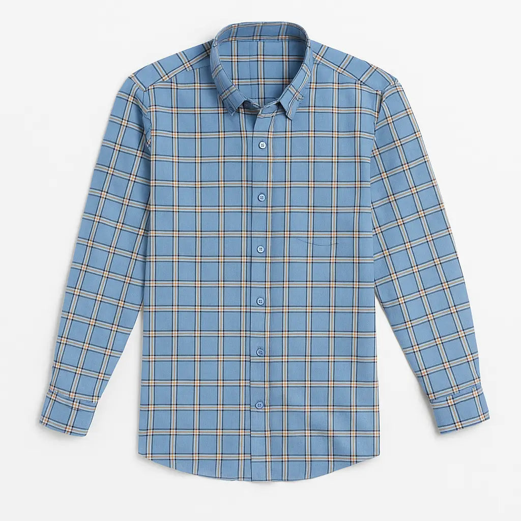 Camisa masculina Oxford xadrez azul em algodão, manga longa, com detalhes bege e branco e acabamento sofisticado.