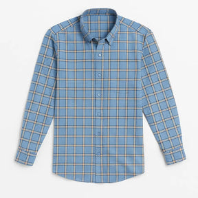 Camisa masculina Oxford xadrez azul em algodão, manga longa, com detalhes bege e branco e acabamento sofisticado.