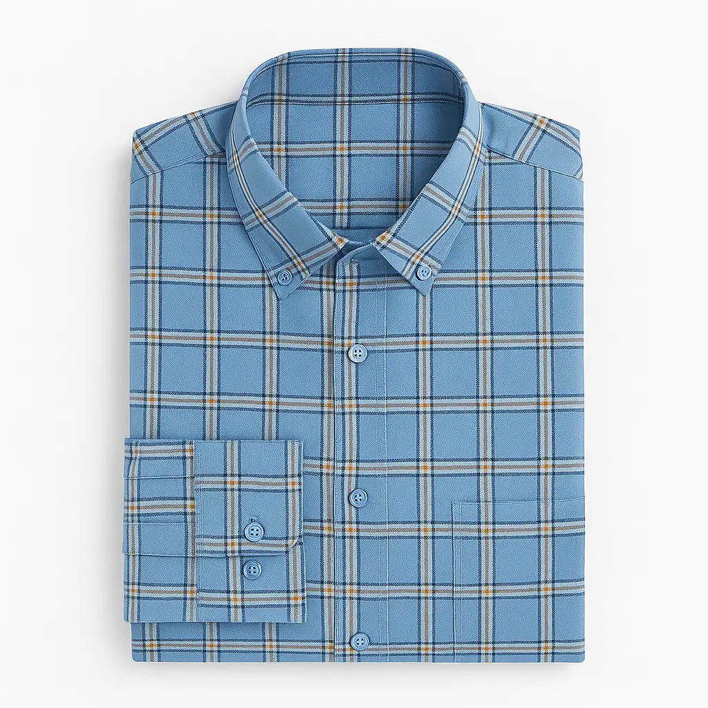 Camisa masculina Oxford xadrez azul em algodão, manga longa, com detalhes bege e branco e acabamento sofisticado.