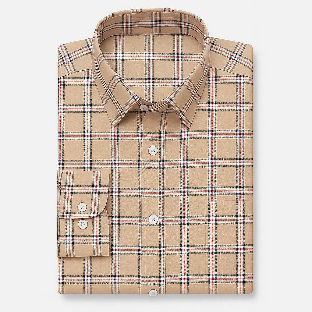 Camisa masculina Oxford xadrez em algodão, manga longa, com detalhes bege e branco e acabamento sofisticado.