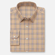 Camisa masculina Oxford xadrez em algodão, manga longa, com detalhes bege e branco e acabamento sofisticado.