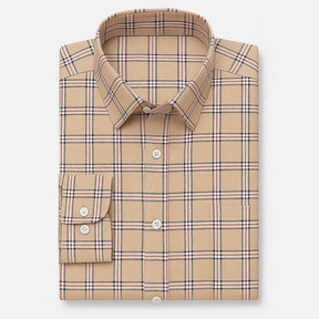 Camisa masculina Oxford xadrez em algodão, manga longa, com detalhes bege e branco e acabamento sofisticado.