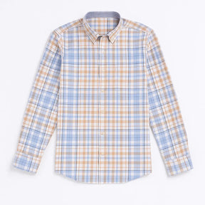 Camisa masculina Oxford xadrez azul, branco e amarelo, manga longa
