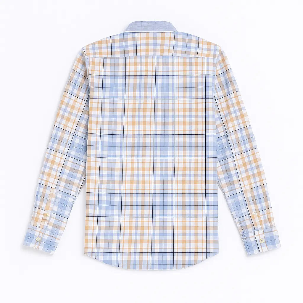 Camisa masculina Oxford xadrez azul, branco e amarelo, manga longa