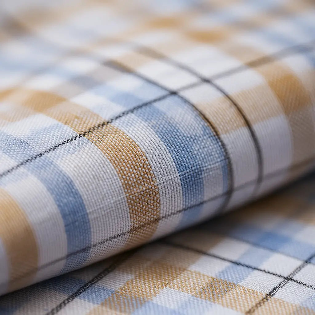 Camisa masculina Oxford xadrez azul, branco e amarelo, manga longa